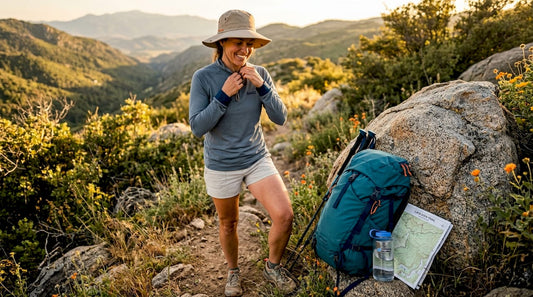 Hiker adjusting UV-protective shirt on trail