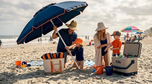 Family preparing UV protection at beach