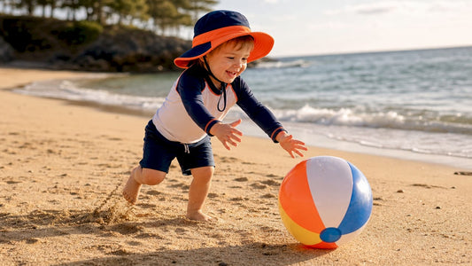 Toddler playing outdoors wearing sun hat