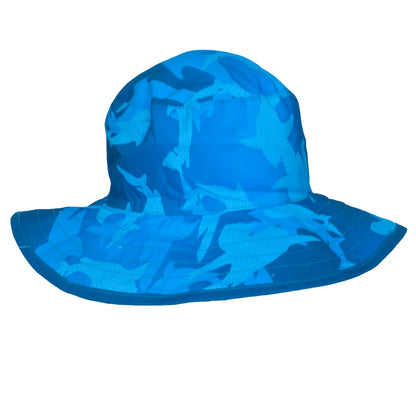 Blue bucket hat with a camouflage pattern on a white background