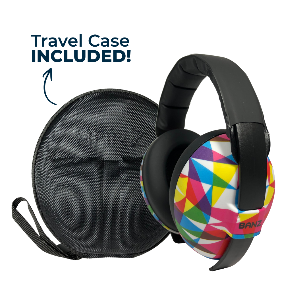 Baby BANZ earmuff ZeeCase in Rainbow Prism storage case for hearing protection