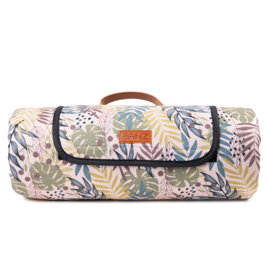 BANZ picnic and drinkware gear in pink-monstera for family outings and travel
