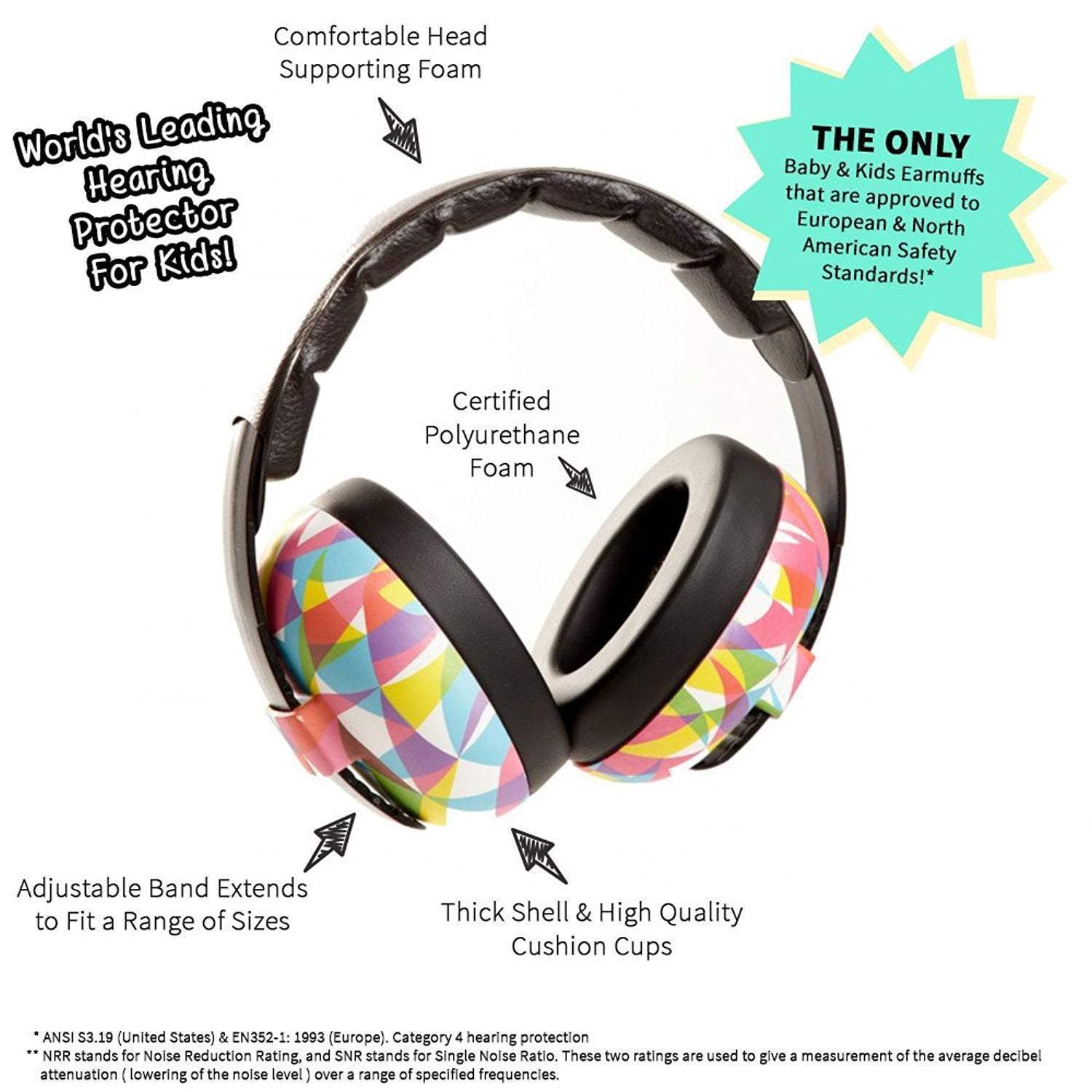 Baby BANZ sensory earmuffs in Peace Doodle with NRR 26 dB passive hearing protection